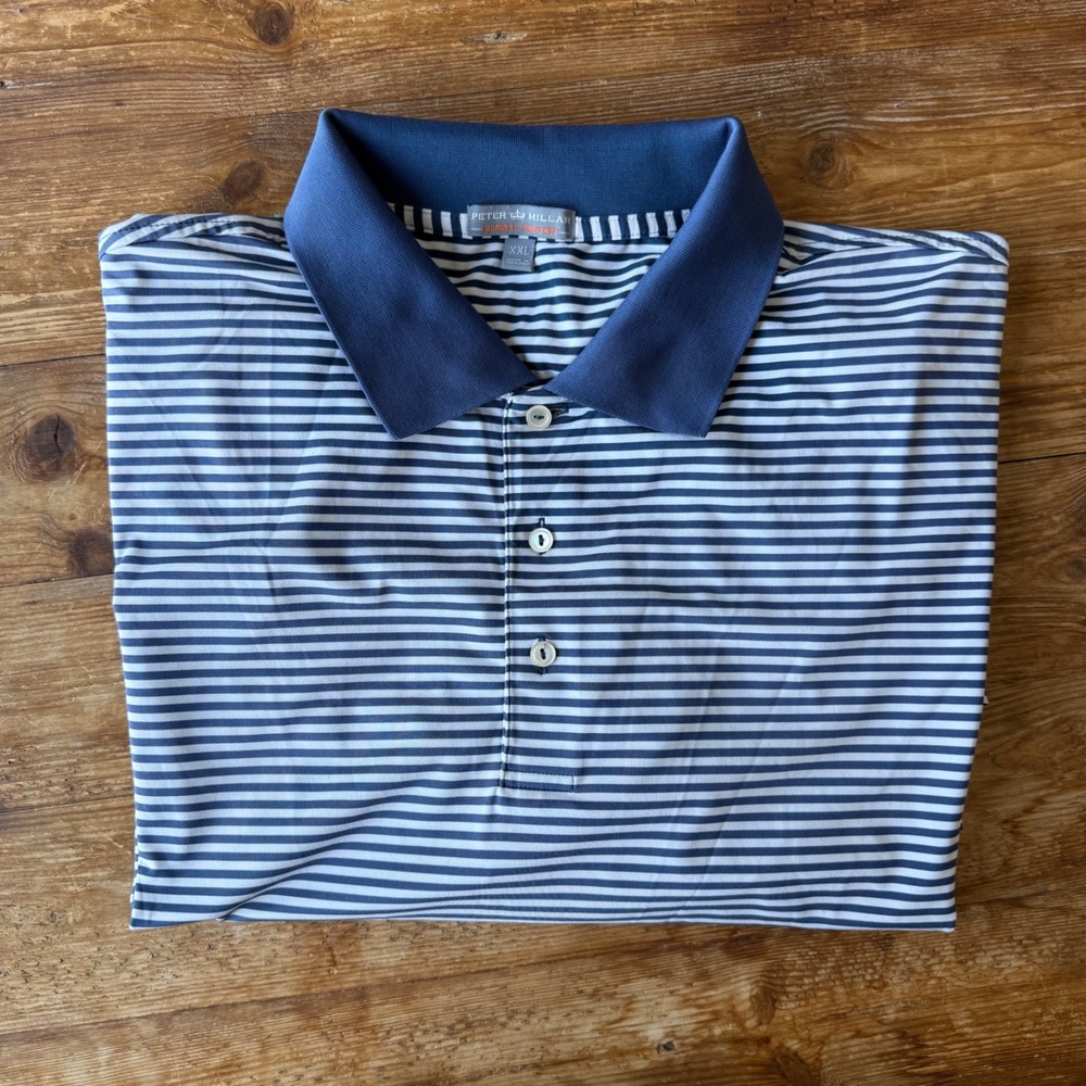 Peter Millar Summer Comfort Men XXL Blue White Striped Performance Golf Polo EUC
